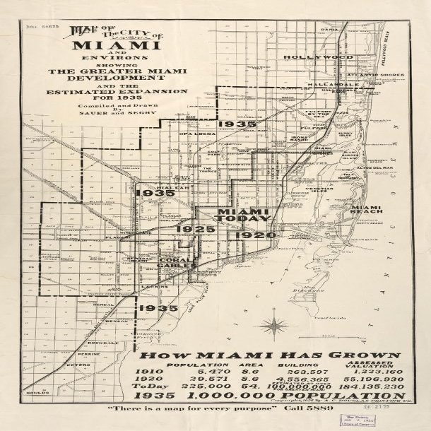 14" x 24" 1925 Map Of The City Of Miami & Environs Showing The Greater Miami Development And The Estimated Expansion For 1935