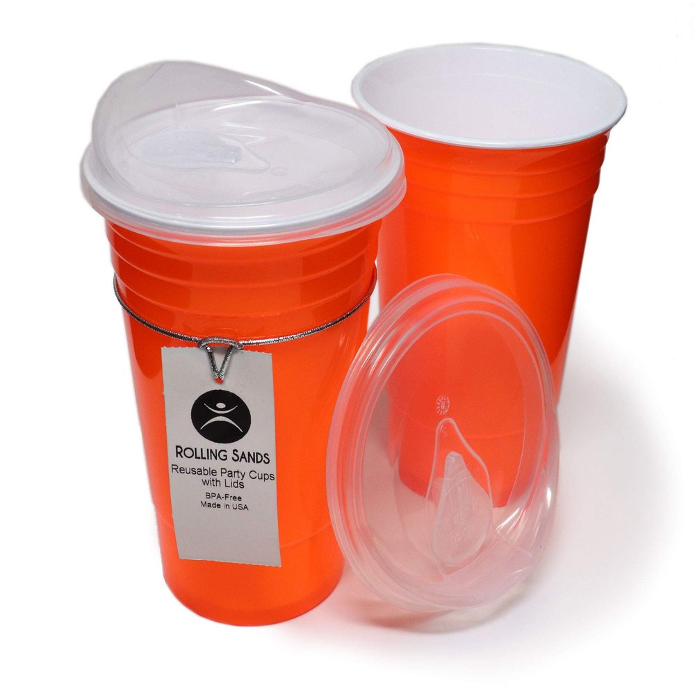Rolling Sands Reusable BPA-Free 16 Ounce Neon Orange Party Cups with Lids - 2 Pack, Made in USA