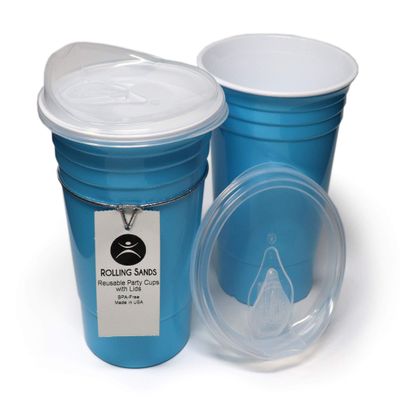 Rolling Sands Reusable BPA-Free 16 Ounce Turquoise Party Cups with Lids - 2 Pack, Made in USA