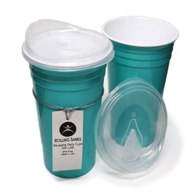 Rolling Sands Reusable BPA-Free 16 Ounce Aqua Party Cups with Lids - 2 Pack, Made in USA
