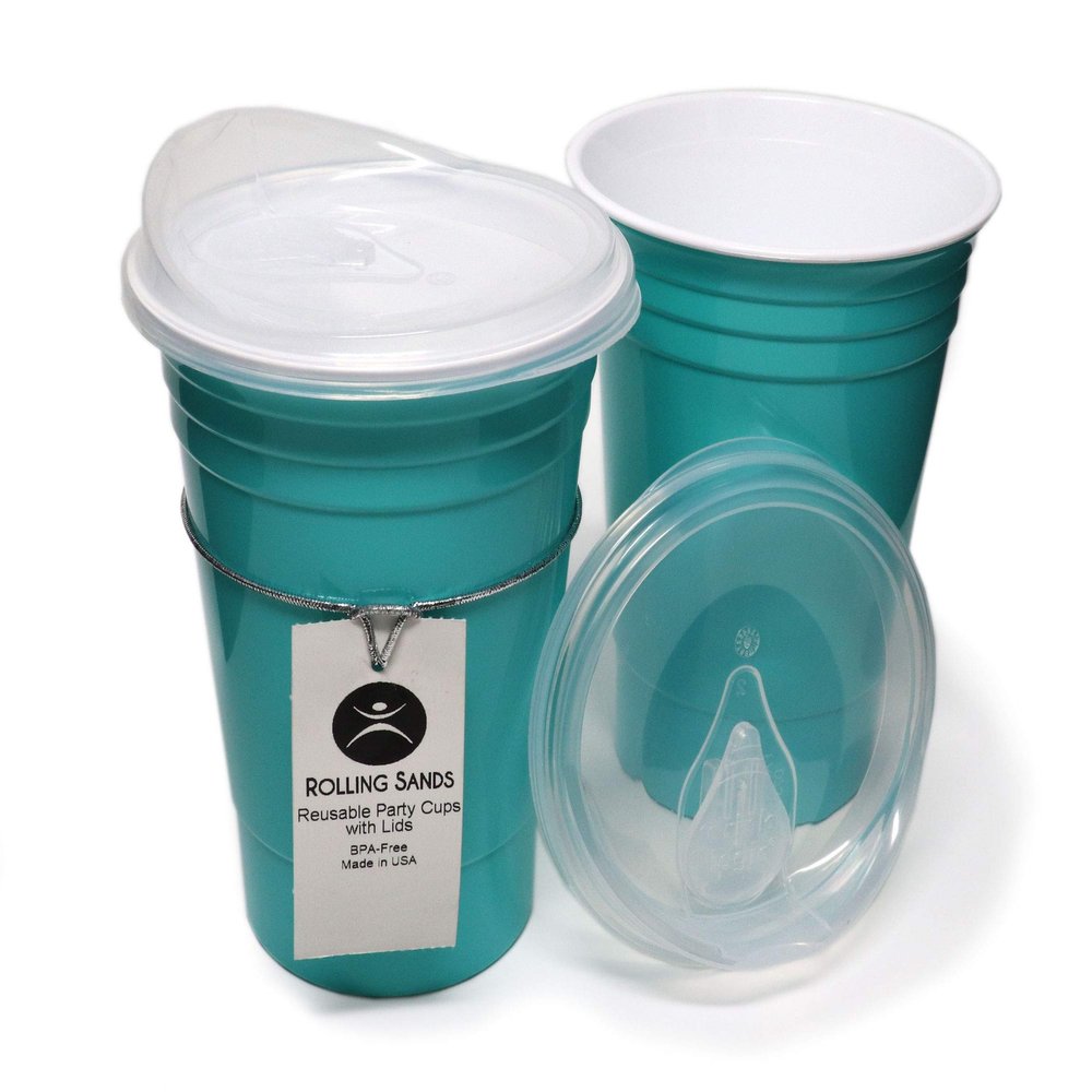 Rolling Sands Reusable BPA-Free 16 Ounce Aqua Party Cups with Lids - 2 Pack, Made in USA