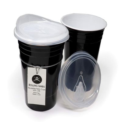 Rolling Sands Reusable BPA-Free 16 Ounce Black Party Cups with Lids - 2 Pack, Made in USA