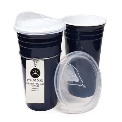 Rolling Sands Reusable BPA-Free 16 Ounce Navy Blue Party Cups with Lids - 2 Pack, Made in USA