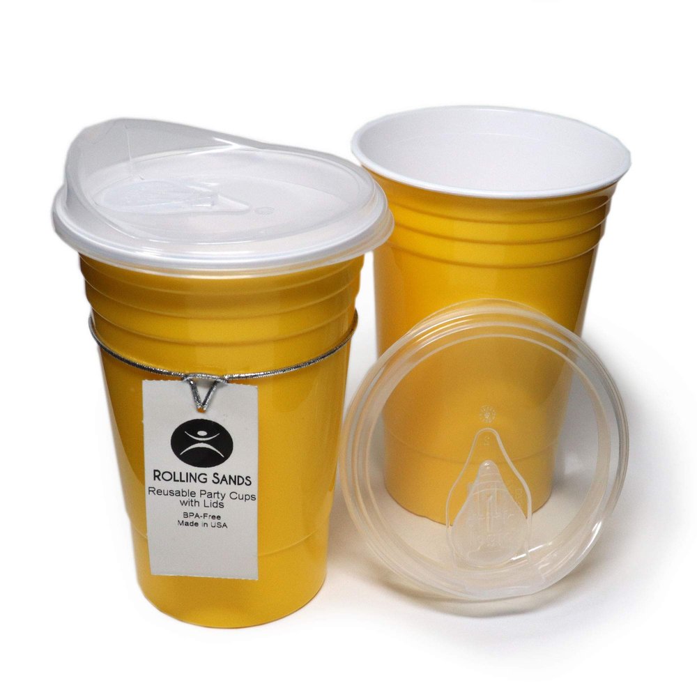 Rolling Sands Reusable BPA-Free 16 Ounce Yellow Party Cups with Lids - 2 Pack, Made in USA