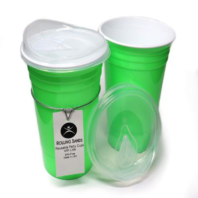 Rolling Sands Reusable BPA-Free 16 Ounce Neon Green Party Cups with Lids - 2 Pack, Made in USA
