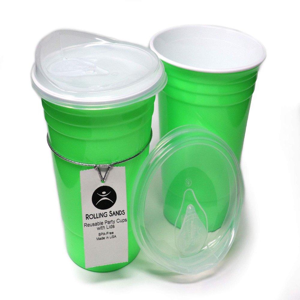 Rolling Sands Reusable BPA-Free 16 Ounce Neon Green Party Cups with Lids - 2 Pack, Made in USA