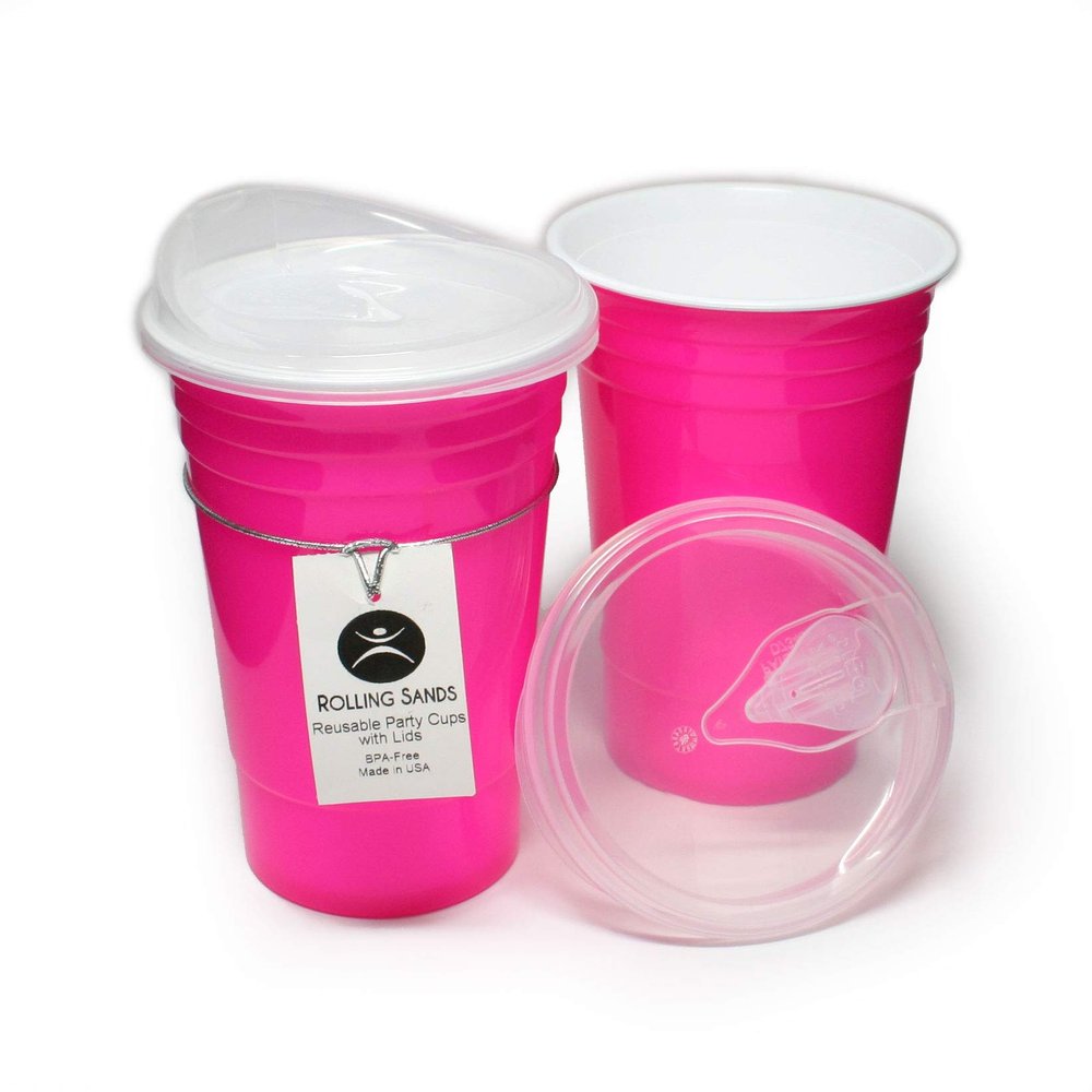 Rolling Sands Reusable BPA-Free 16 Ounce Neon Pink Party Cups with Lids - 2 Pack, Made in USA