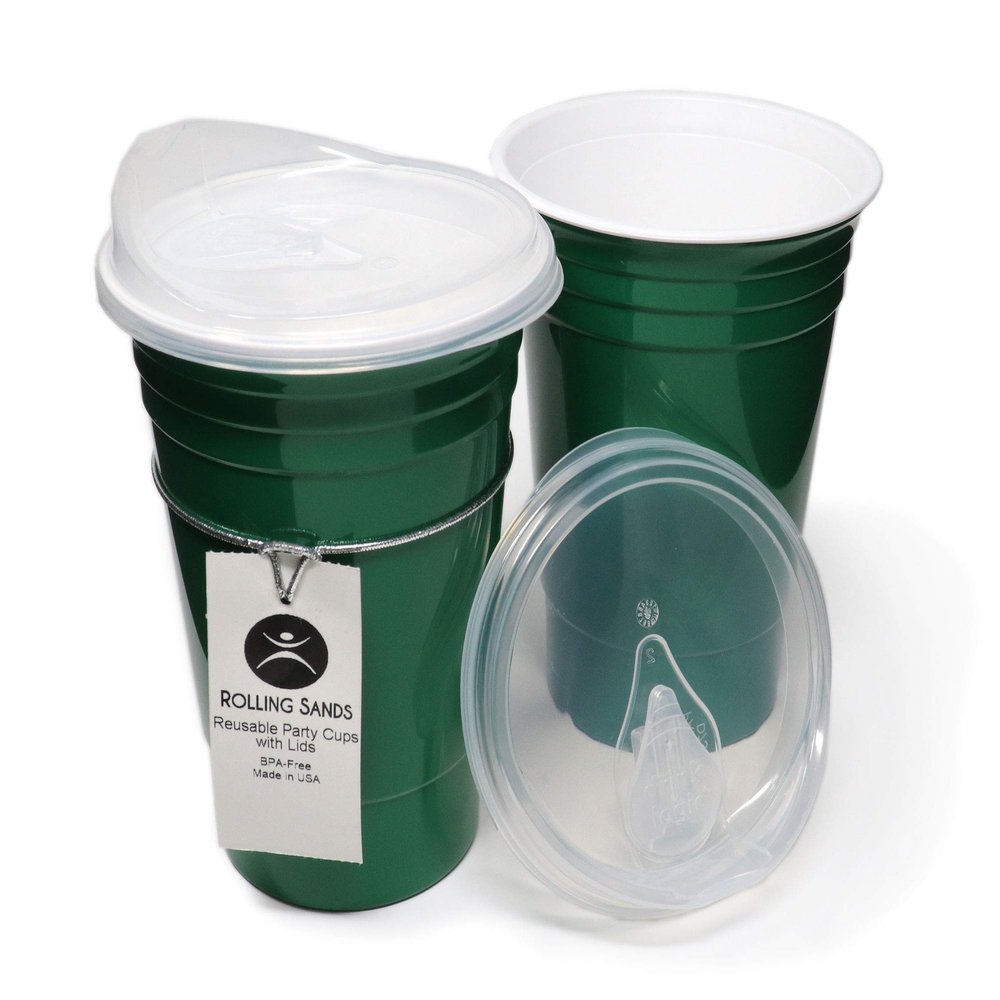Rolling Sands Reusable BPA-Free 16 Ounce Green Party Cups with Lids - 2 Pack, Made in USA