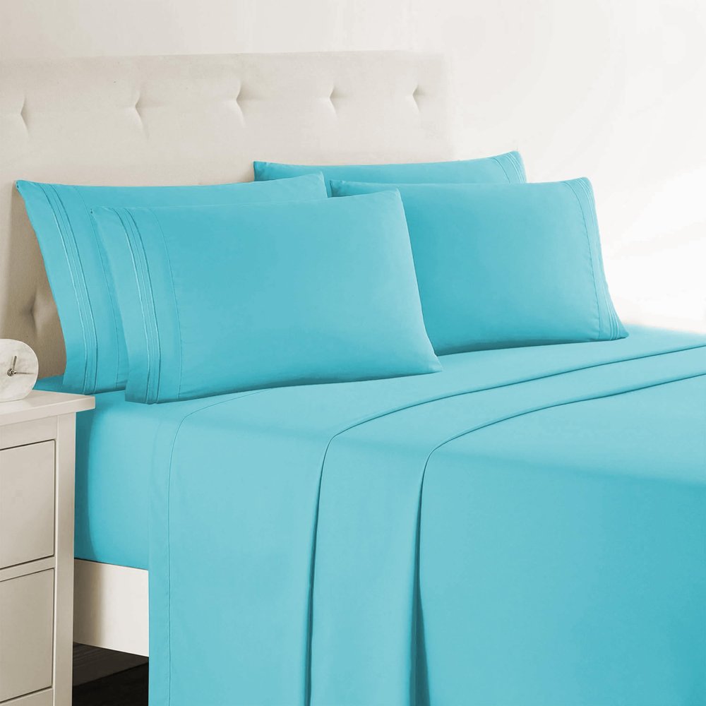 Clara Clark Queen Sheets, 6 Piece Set - Hotel Luxury Sheets for Queen Size Bed, Super Soft Bedding Set, Beach Blue