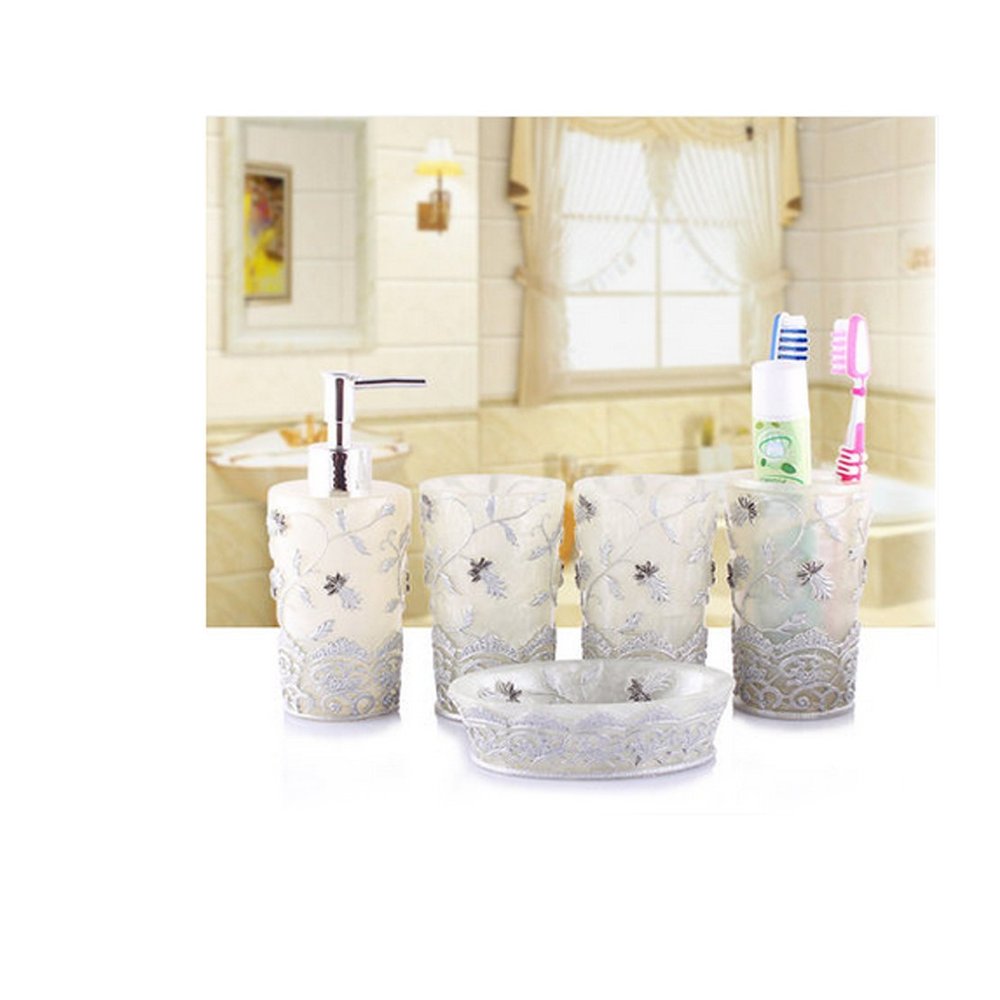 AMSS Creative 5-Piece Bathroom Accessories Set, Includes Decorative Countertop Soap Dispenser, Dish, Tumbler, Toothbrush Holder, Resin Vanity Ensemble Set, Gift Boxed