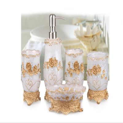 AMSS 5 Pices Bathroom Accessory Set Resin Soap Dish, Soap Dispenser, Toothbrush Holder & Tumbler,3D Flower Deco
