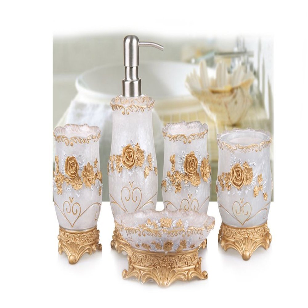 AMSS 5 Pices Bathroom Accessory Set Resin Soap Dish, Soap Dispenser, Toothbrush Holder & Tumbler,3D Flower Deco