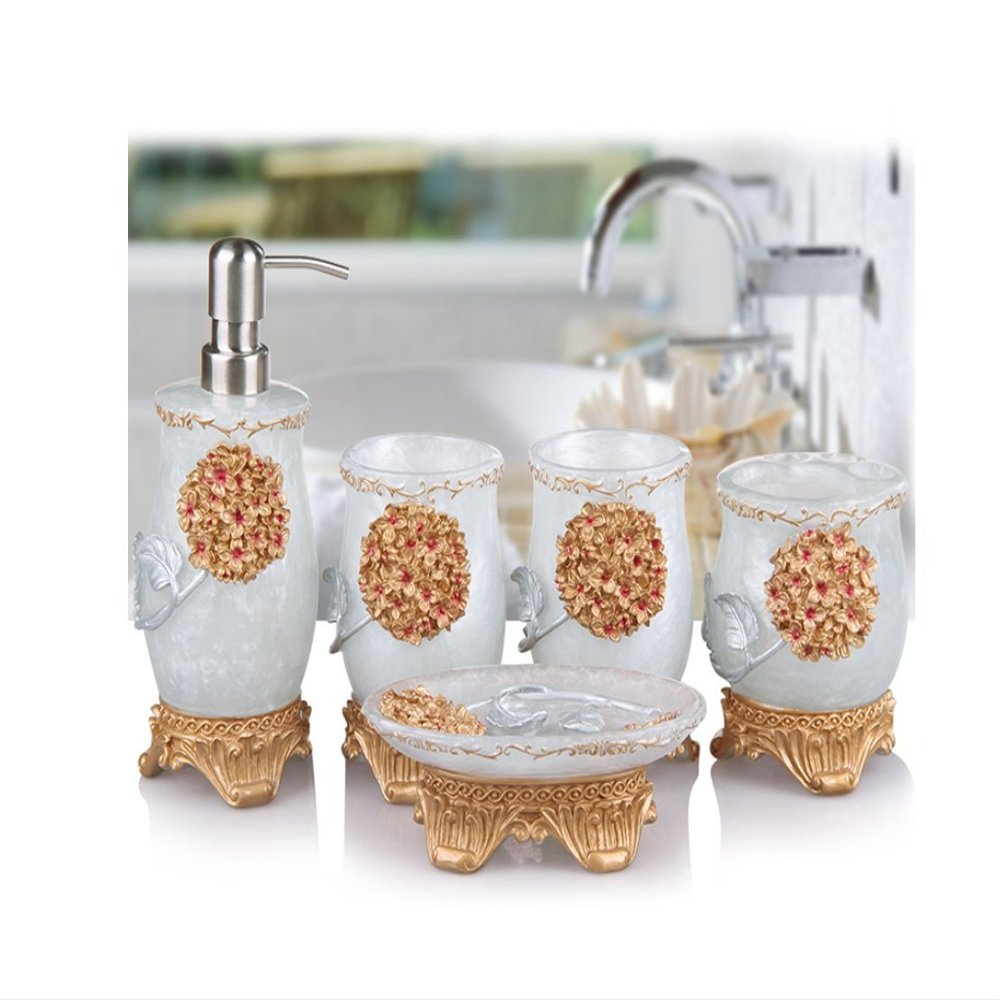 AMSS Premium 5 Pieces Bathroom Accessory Set With Luxury Flower Ensemble, Retro Golden Resin Soap Dispenser/Toothbrush Holder/Tumbler/Soap Dish