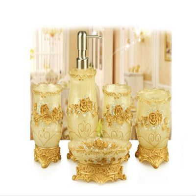 AMSS 5 Pices Bathroom Accessory Set Resin Soap Dish, Soap Dispenser, Toothbrush Holder & Tumbler,3D Flower Deco