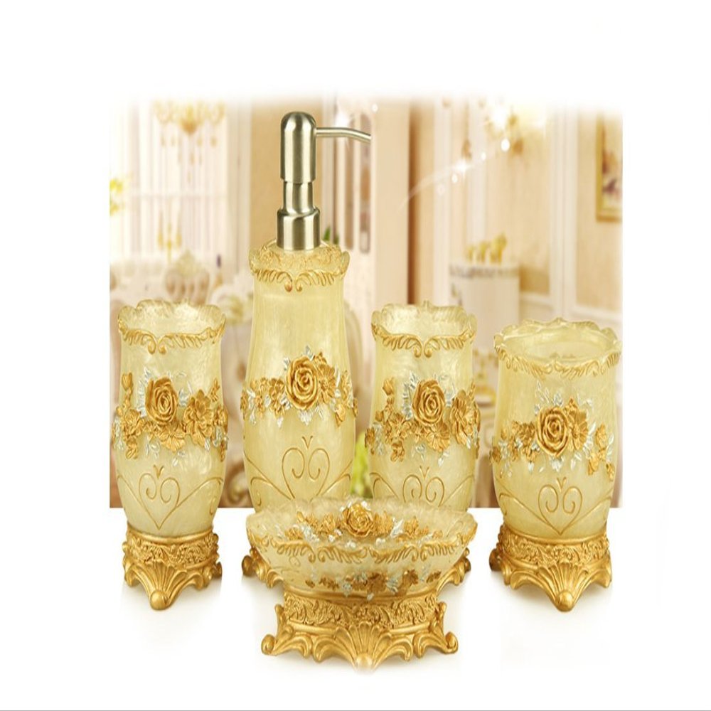 AMSS 5 Pices Bathroom Accessory Set Resin Soap Dish, Soap Dispenser, Toothbrush Holder & Tumbler,3D Flower Deco