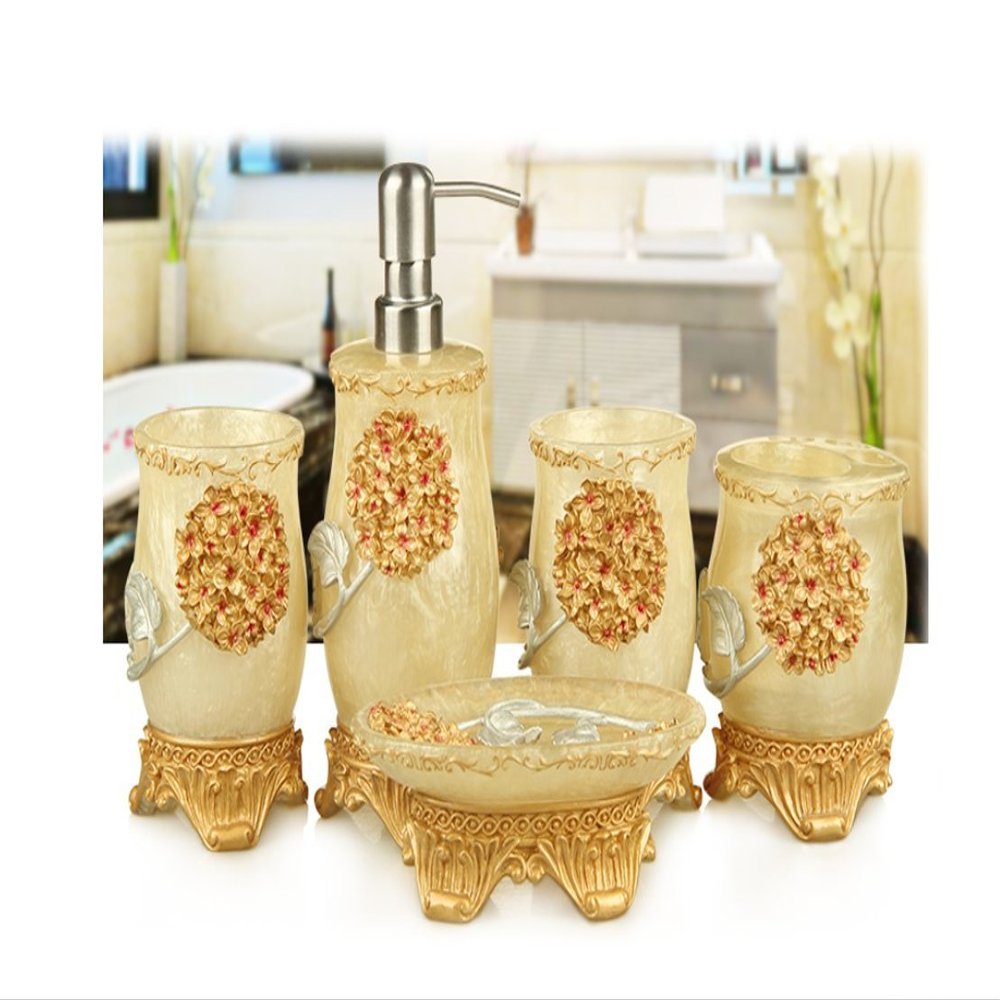AMSS Premium 5 Pieces Bathroom Accessory Set With Luxury Flower Ensemble, Retro Golden Resin Soap Dispenser/Toothbrush Holder/Tumbler/Soap Dish