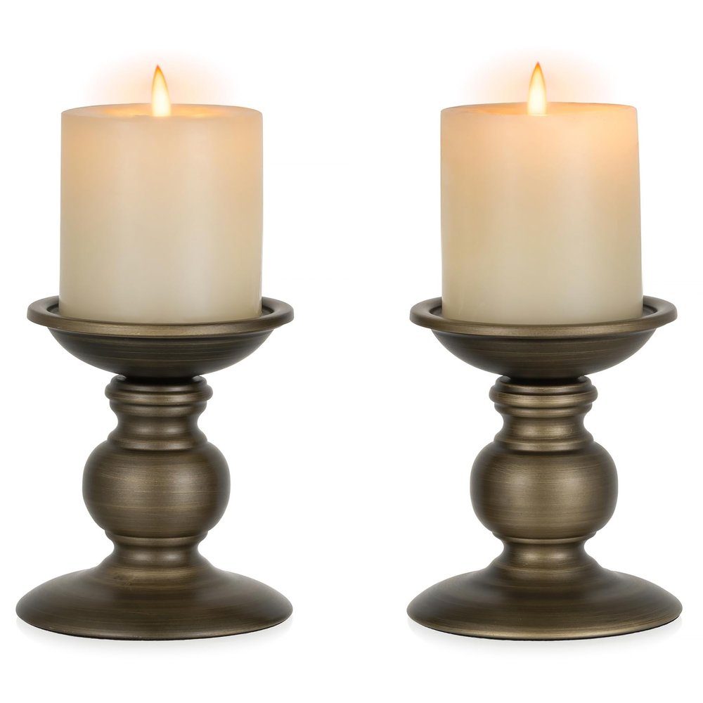 2 Pcs Bronze Iron Pillar Candle Holders, Most Ideal for 3" Pillar Candle, Gifts for Wedding, Party, Home, Spa, Reiki, Votive Candle (2 x S)