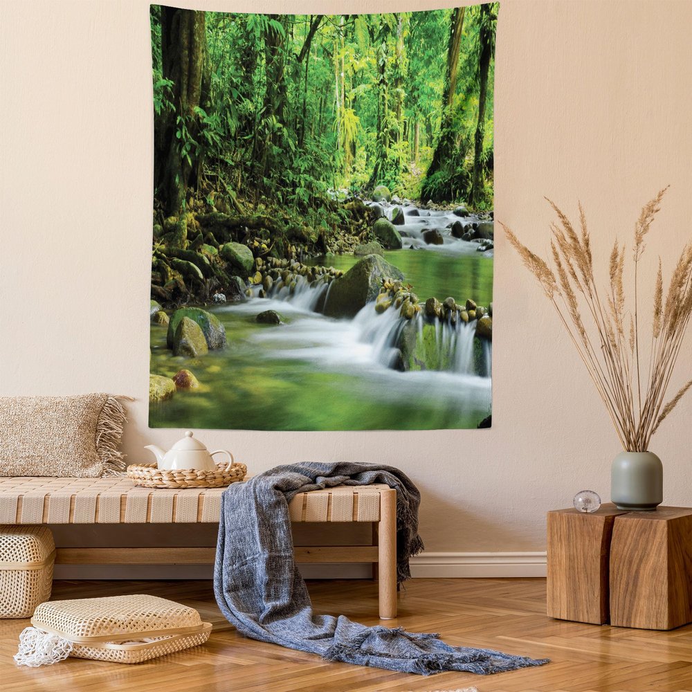 Ambesonne Rainforest Tapestry, Mountain Stream in a Tropical Rain Forest Foliage Countryside Wilderness Scene, Fabric Wall Hanging Decor for Bedroom Living Room Dorm, 23" X 28", Green and Brown