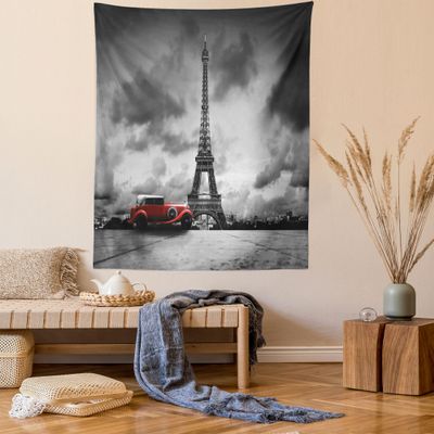 Ambesonne Eiffel Tower Tapestry Queen Size, Image of Eiffel Tower Paris France Vintage Car Street Dark Clouds, Wall Hanging Bedspread Bed Cover Wall Decor, 88" X 88", Black Red