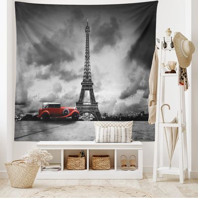 Ambesonne Eiffel Tower Tapestry King Size, Image of Eiffel Tower Paris France Vintage Car Street Dark Clouds, Wall Hanging Bedspread Bed Cover Wall Decor, 104" X 88", Black Red