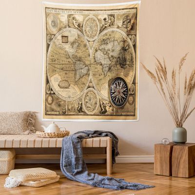 Ambesonne Map Print Tapestry King Size, Old Map 1626 a New and Accurate Map of World Historical Manuscript, Wall Hanging Bedspread Bed Cover Wall Decor, 88" X 88", Pale Brown Black Brown