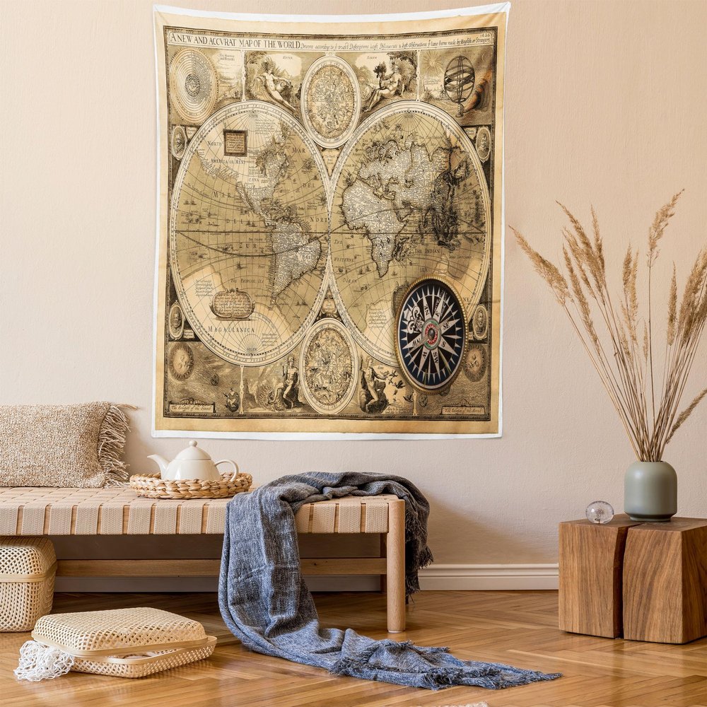 Ambesonne Map Print Tapestry King Size, Old Map 1626 a New and Accurate Map of World Historical Manuscript, Wall Hanging Bedspread Bed Cover Wall Decor, 23" X 28", Pale Brown Black Brown