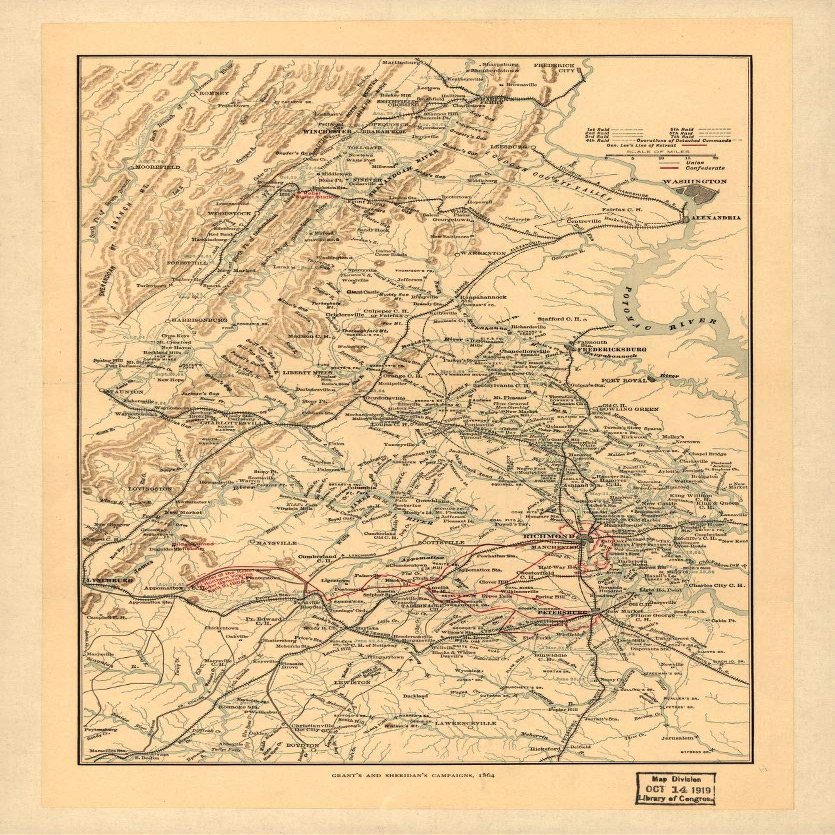 16" x 24" 1917 Map Of Grant's & Sheridan's Campaigns 1864 & 1865
