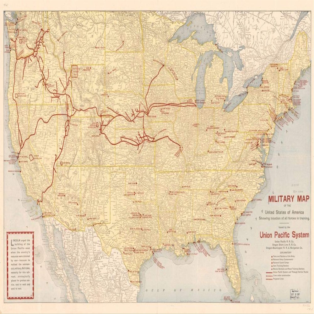 14" x 24" 1917 Military Map Of The United States Of America Showing Location Of All Forces In training