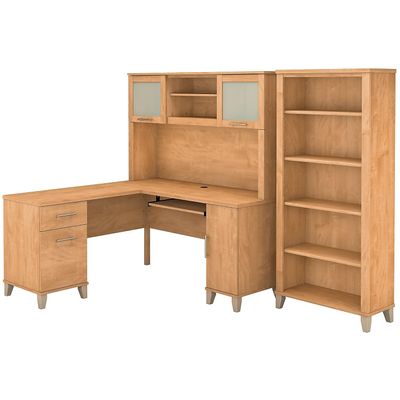 Bush Home Somerset 60W L Shaped Desk with Hutch and 5 Shelf Bookcase in Maple Cross