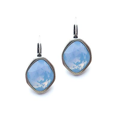 Air Blue Opal Drop Earrings made with Genuine Austrian Crystals, Pale baby Sky Blue, 12mm Cushion Cut, Bezel Drop Lever-Back, Assorted Finishes