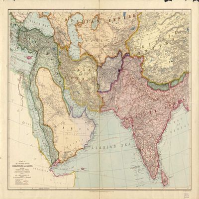 16" x 24" 1912 Map Of The Countries Between Constantinople & Calcutta Including Turkey In Asia Persia Afghanistan & Turkestan