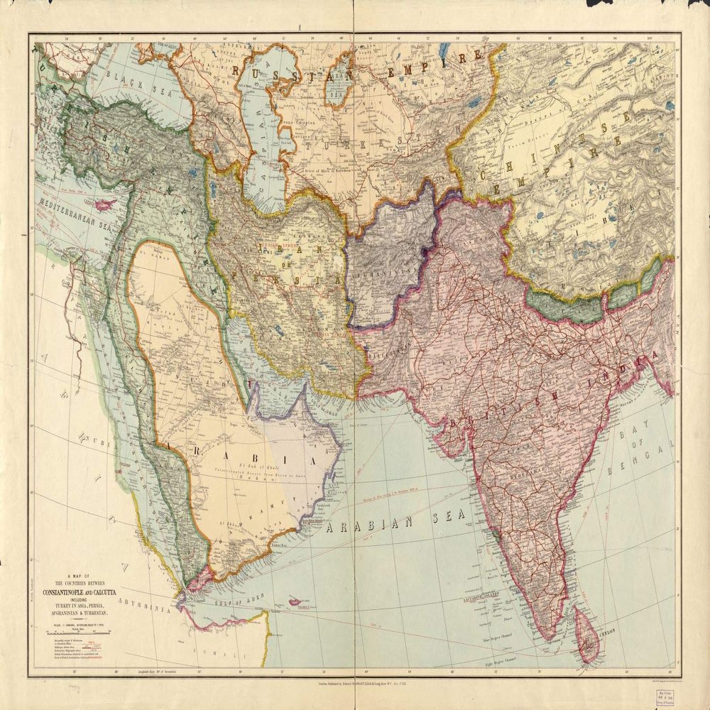 16" x 24" 1912 Map Of The Countries Between Constantinople & Calcutta Including Turkey In Asia Persia Afghanistan & Turkestan