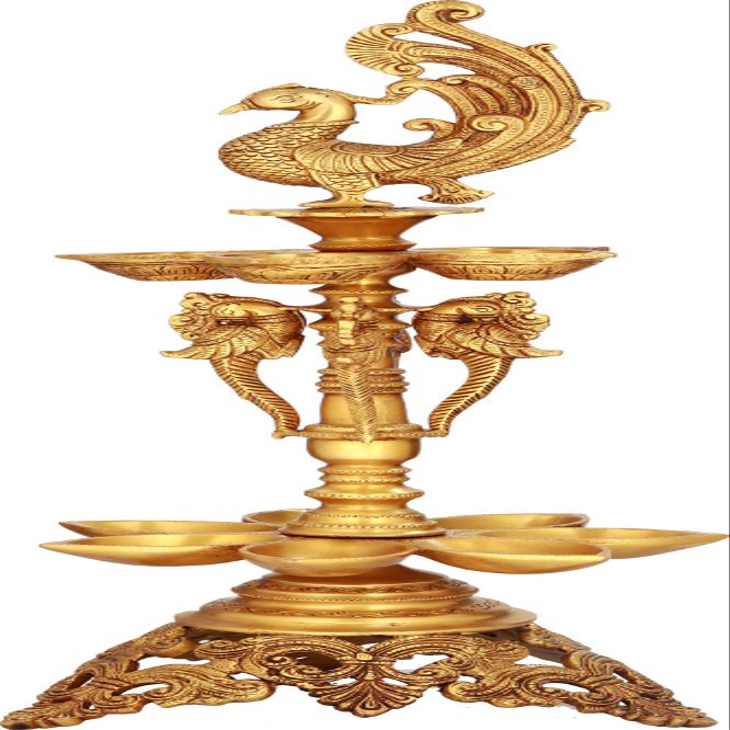 Exotic India Peacock Puja Lamp - Brass Statue