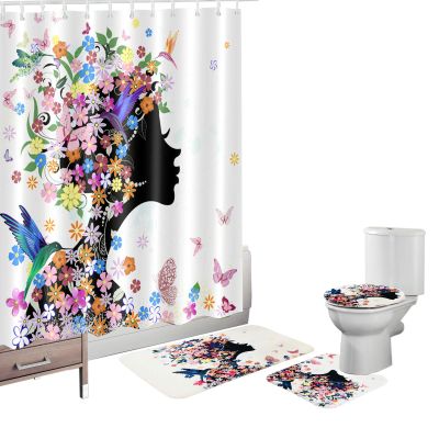 Amagical Flower Fairy Girl with Colorful Butterflies 16 Piece Bathroom Mat Set Shower Curtain Set Non Slip Flannel Bath Mat Contour Mat Toilet Cover Shower Curtain with 12 Hooks