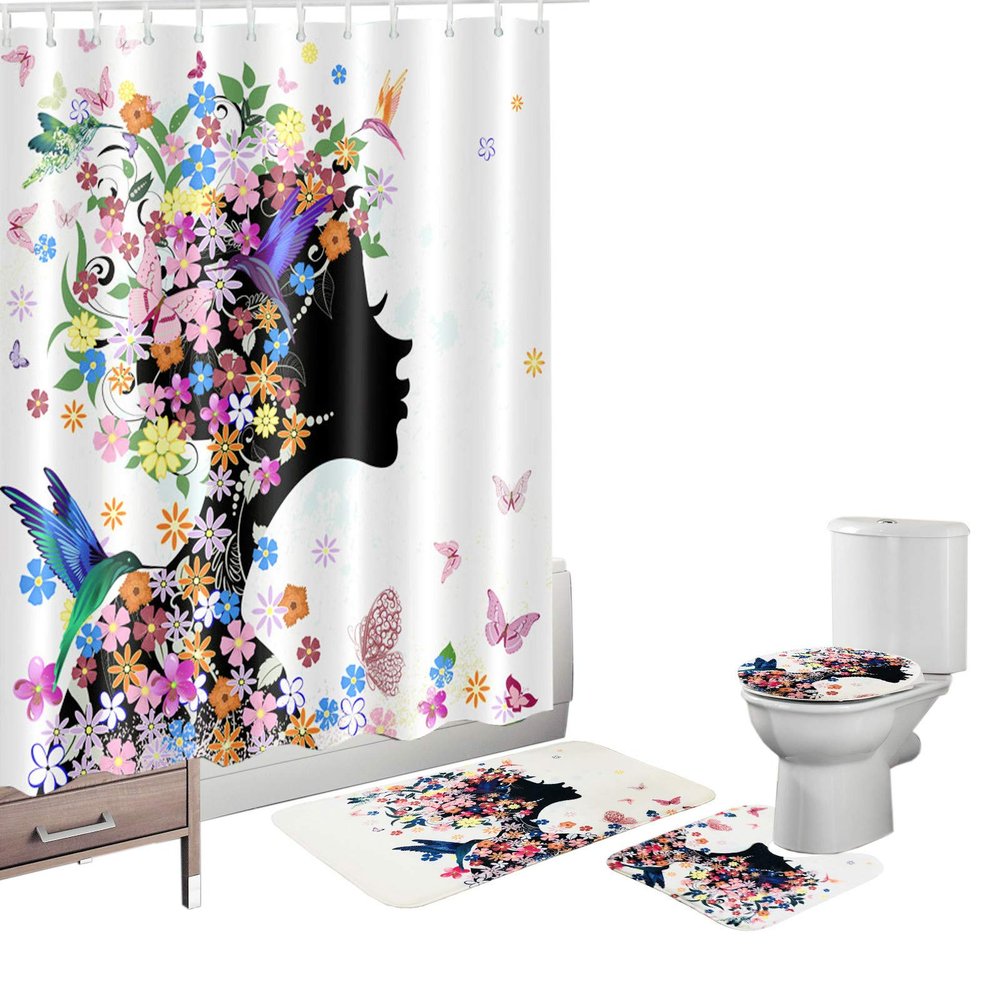 Amagical Flower Fairy Girl with Colorful Butterflies 16 Piece Bathroom Mat Set Shower Curtain Set Non Slip Flannel Bath Mat Contour Mat Toilet Cover Shower Curtain with 12 Hooks