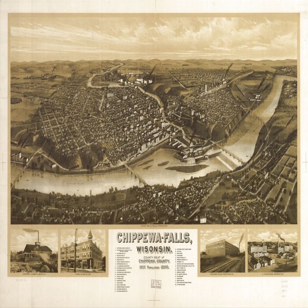 16" x 24" 1907 Map of Chippewa Falls Wisonsin County Seat of Chippewa County