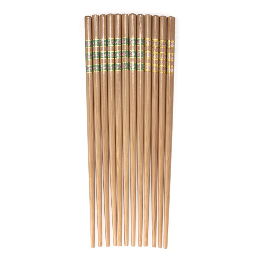 BambooMN Premium Reusable Japanese Bamboo Chopsticks, Flower Print with Gold Stripes, 9.5 inch - Green and Yellow - 36 Pairs