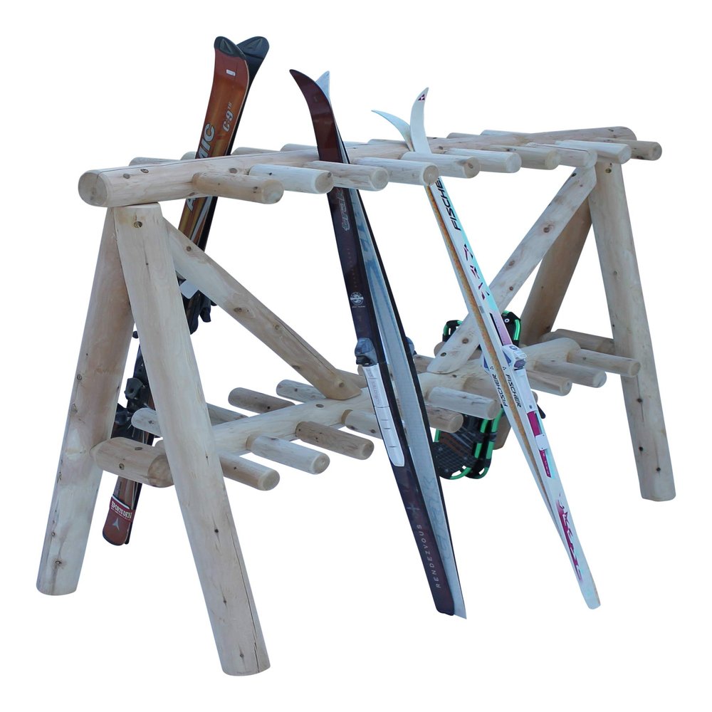 21-Place Freestanding Log Ski Rack Holder, Indoor & Outdoor Snowboard Racks, Standing Storage, Garage Racks for Snow Skis & Poles, Durable Snowboard Rack Garage Storage Organizer - Unfinished