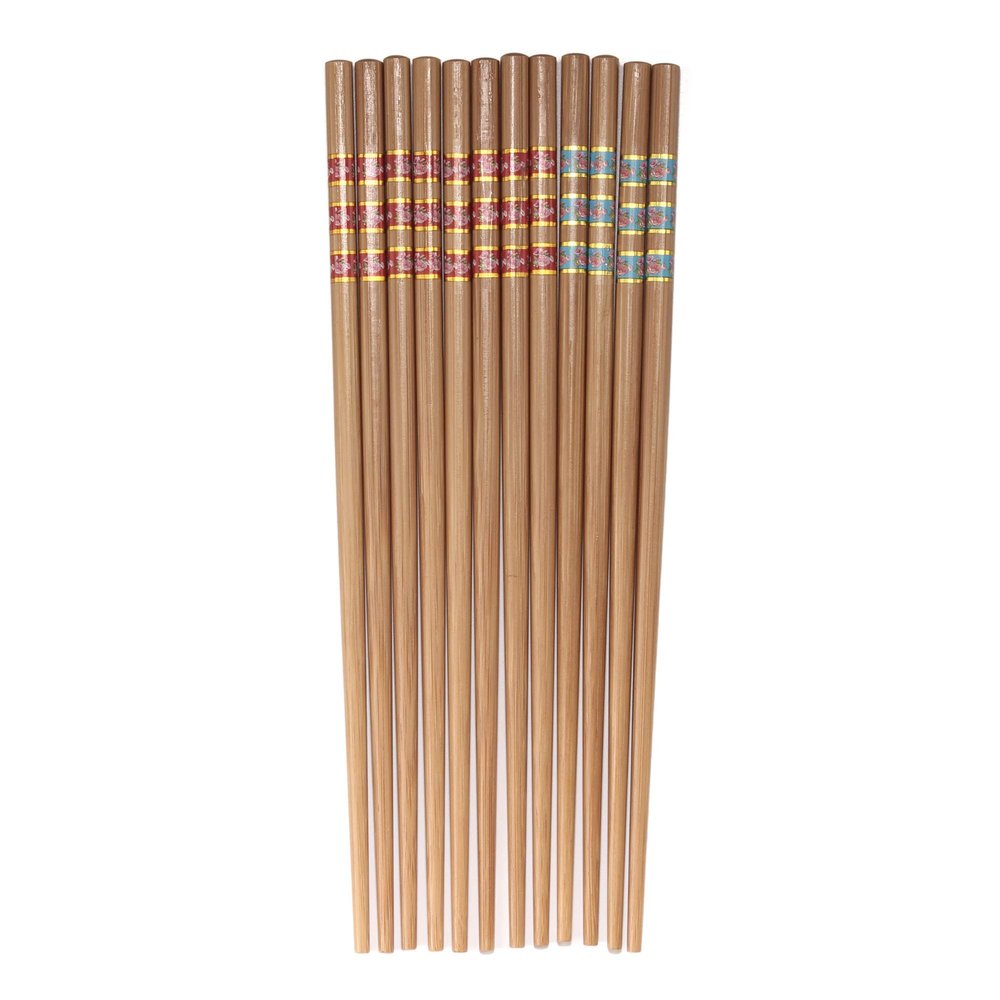 BambooMN Premium Reusable Japanese Bamboo Chopsticks, Flower Print with Gold Stripes, 9.5 inch - Red and Blue - 36 Pairs
