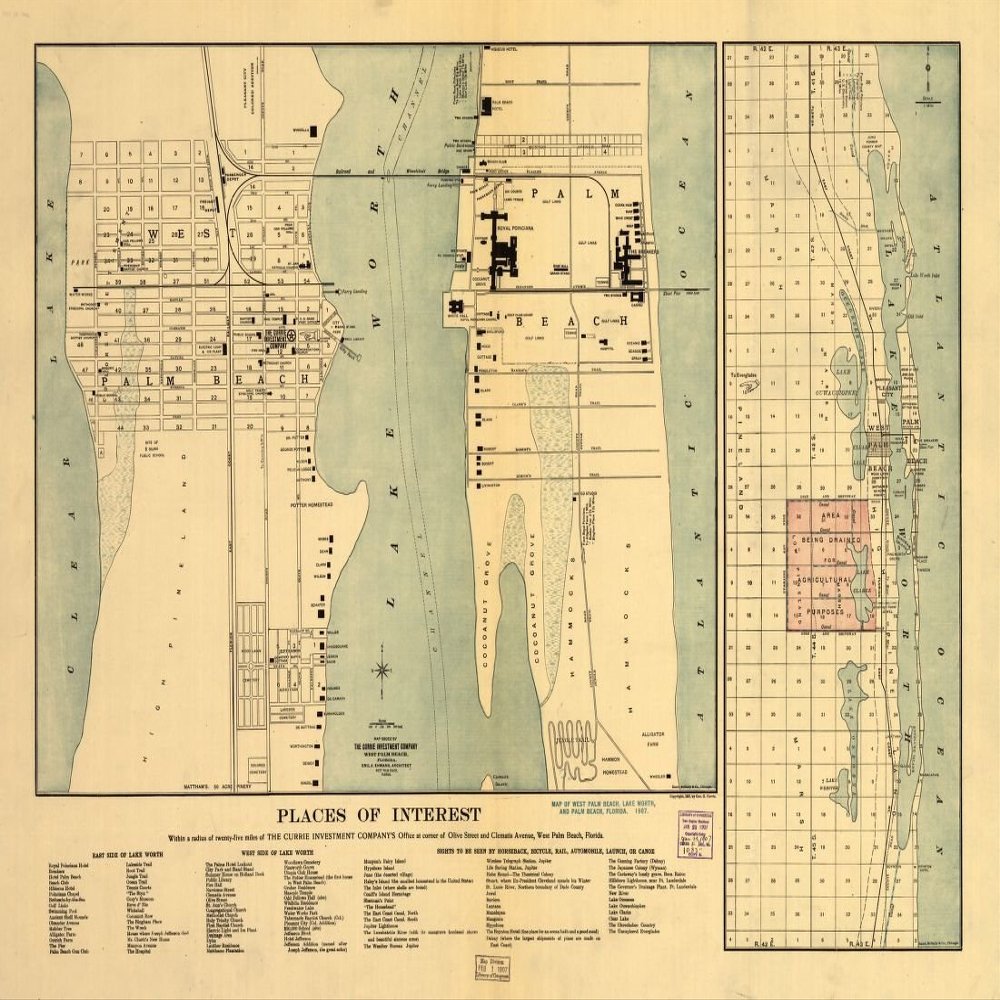 18" x 24" 1907 Map Of West Palm Beach Lake Worth & Palm Beach Florida
