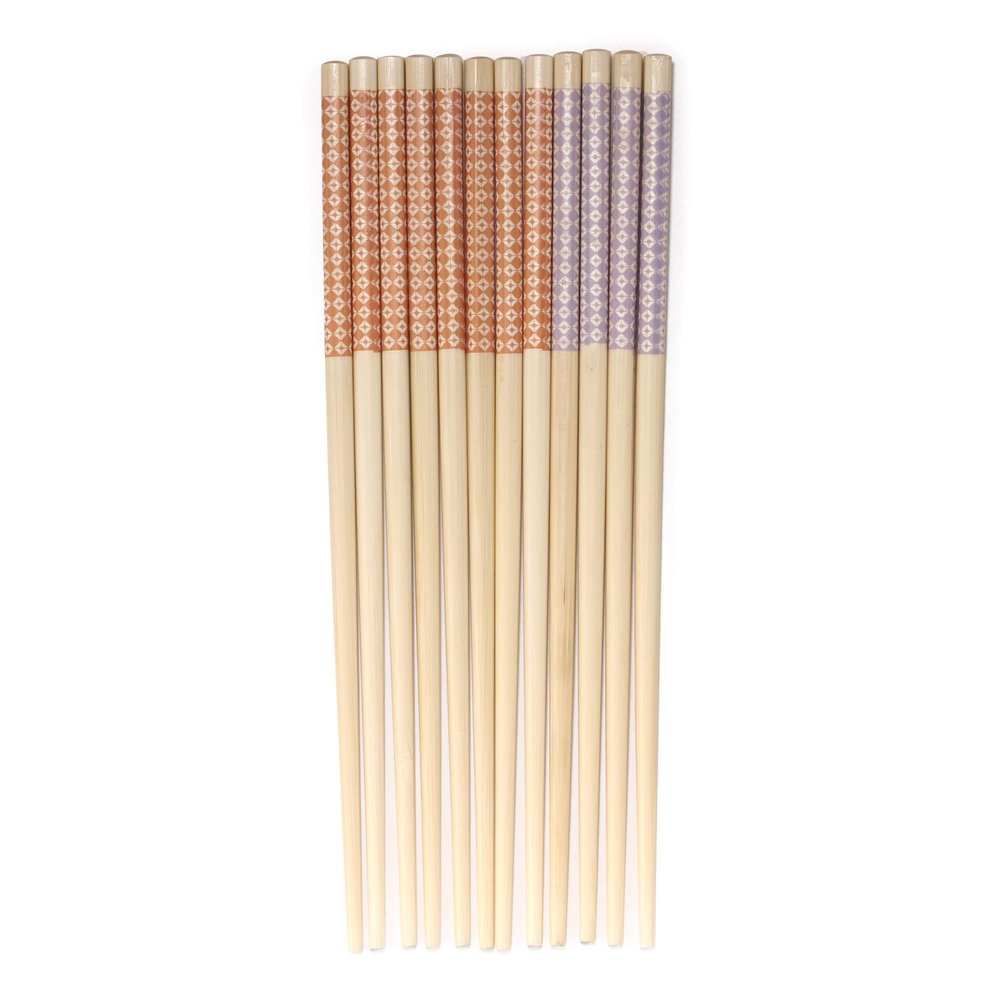 BambooMN Premium Reusable Japanese Bamboo Chopsticks, Diamond Checkered Pattern, 9.5 inch - Orange and Purple - 36 Pairs