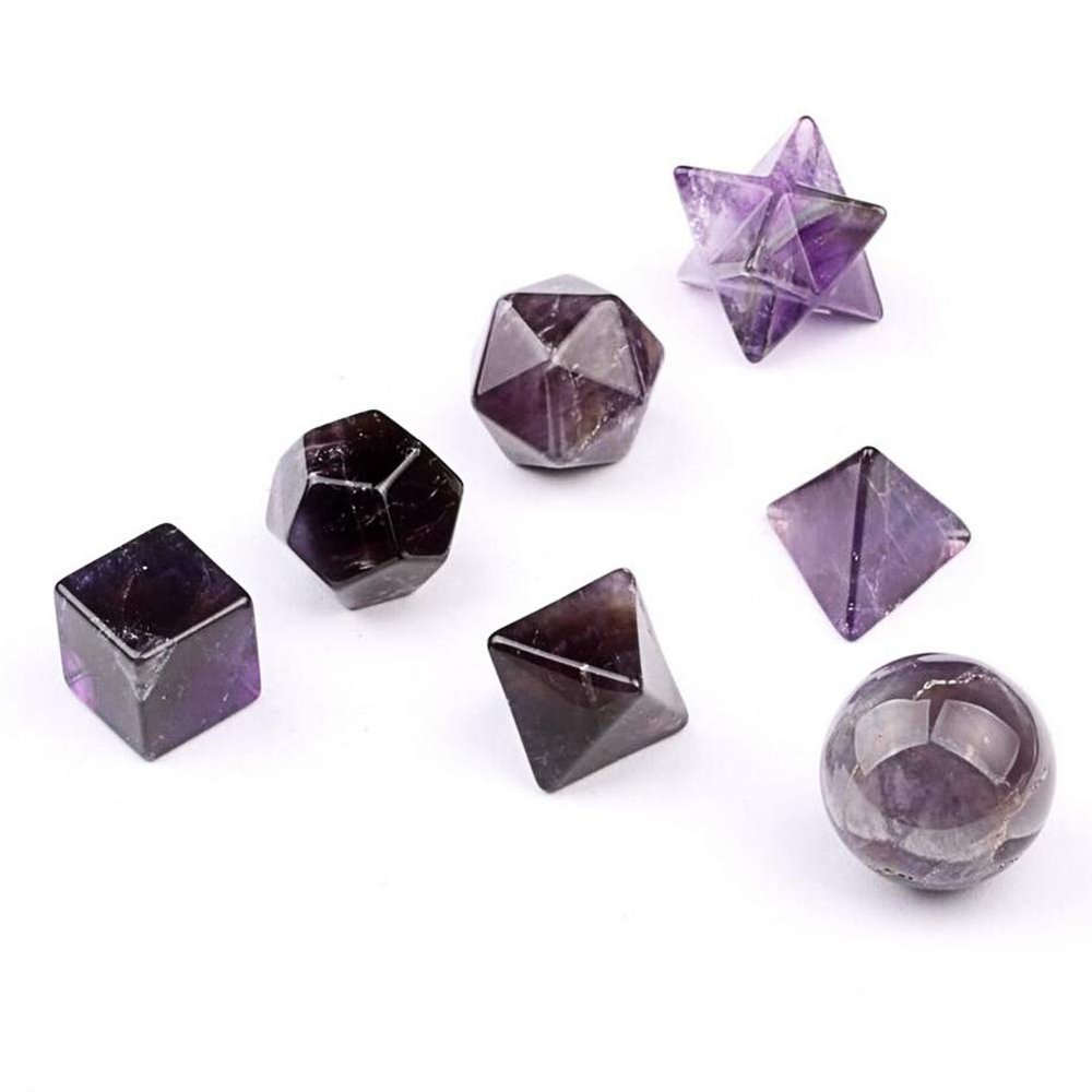 fengshuisale Carved 7 Pieces Amethyst Platonic Solids Sacred Geometry Symbols with Merkaba Star Crystal Healing Balancing SetW3486