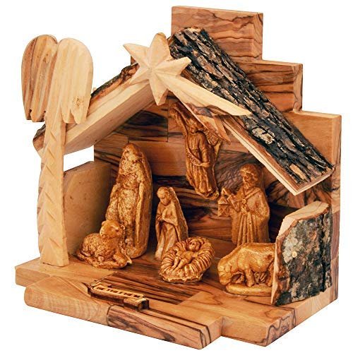Olive Wood Nativity Set with Figurines Natural Bark Roof Stable Handmade Christian Christmas Decoration Holy Land Gift Made in Bethlehem Religious Manger Scene Display