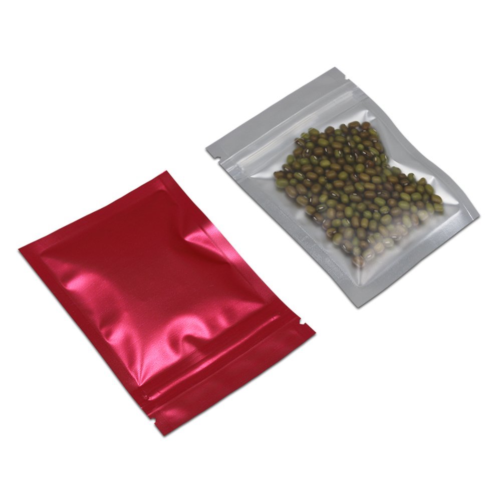FERENLI 100 Pcs Mylar Zipper Lock Food Storage Bag Matte Aluminum Foil Airtight Bag with Front Window Plastic Packaging Pouch for Zip Flat Heat Seal Lock Resealable (8.5x13cm (3.3x5.1 inch), Red)