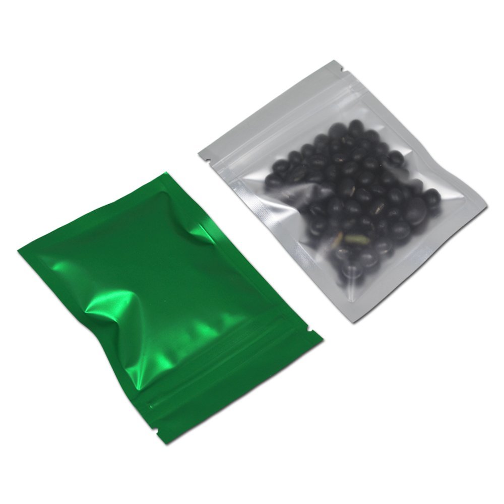 FERENLI 100 Pcs Mylar Zipper Lock Food Storage Bag Matte Aluminum Foil Airtight Bag with Front Window Plastic Packaging Pouch for Zip Flat Heat Seal Lock (8.5x13cm (3.3x5.1 inch), Green)