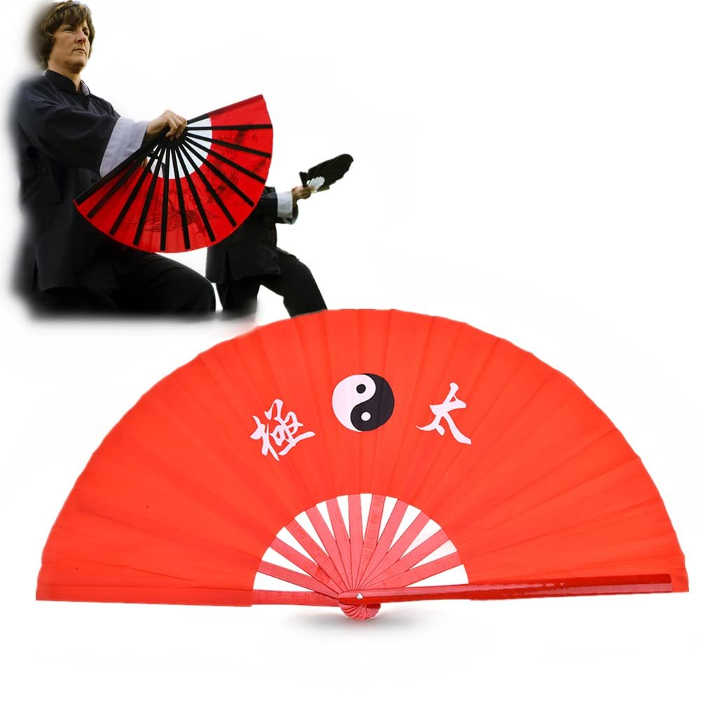Dioche Large Folding Silk Hand Fan, Chinese Kung Fu Tai Chi Fan, Lightweight Bamboo Silk Dance Practice Training Performance Fold Hand Fan, Tai Chi Kung Fu Fighting Fan(Red Rib)