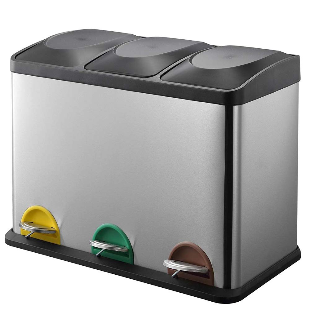 BAKAJI Stainless Steel and Plastic Separated Collection Bin with Compartments Removable Bin with Pedal Opening for Home Kitchen and Outdoor, 3 x 15 litres (45 litres)