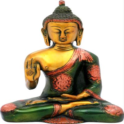 Exotic India Tibetan Buddhist Deity Preaching Buddha - Brass Statue - Color Green Gold Color