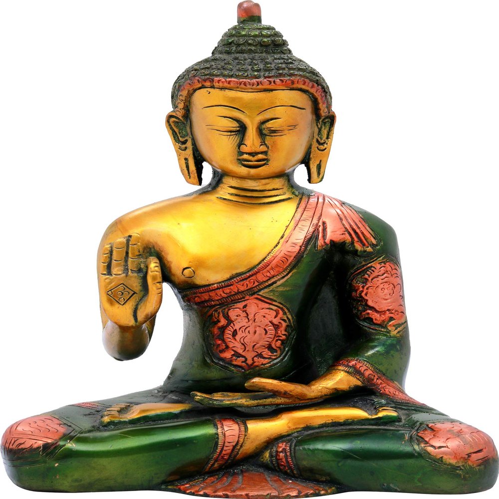 Exotic India Tibetan Buddhist Deity Preaching Buddha - Brass Statue - Color Green Gold Color