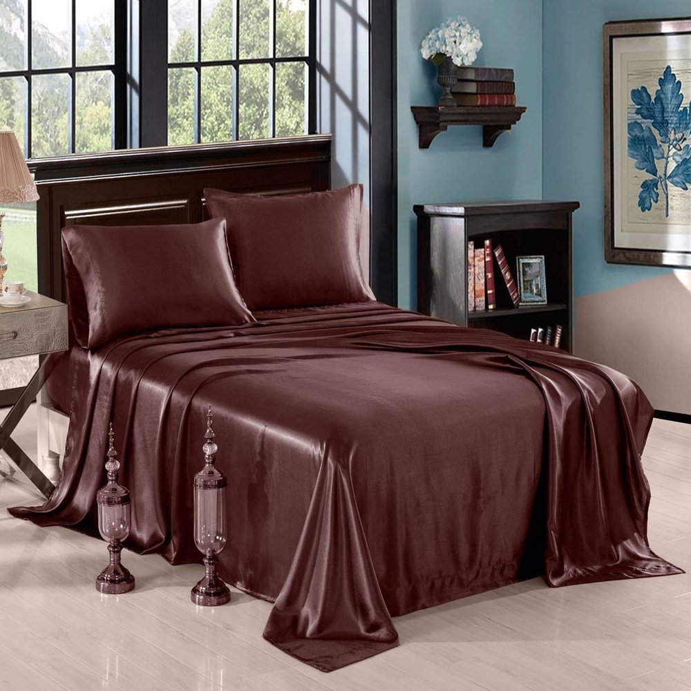 Luxurious Bedding 100% Pure Silk Satin Sheet Set 4pcs, Silk Fitted Sheet 15'' Deep Pocket,Silk Flat Sheet & Pillowcases Set !!! Twin XL, Chocolate